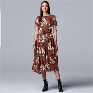 Simply Vera Vera Wang Rust Brown Floral Midi Dress